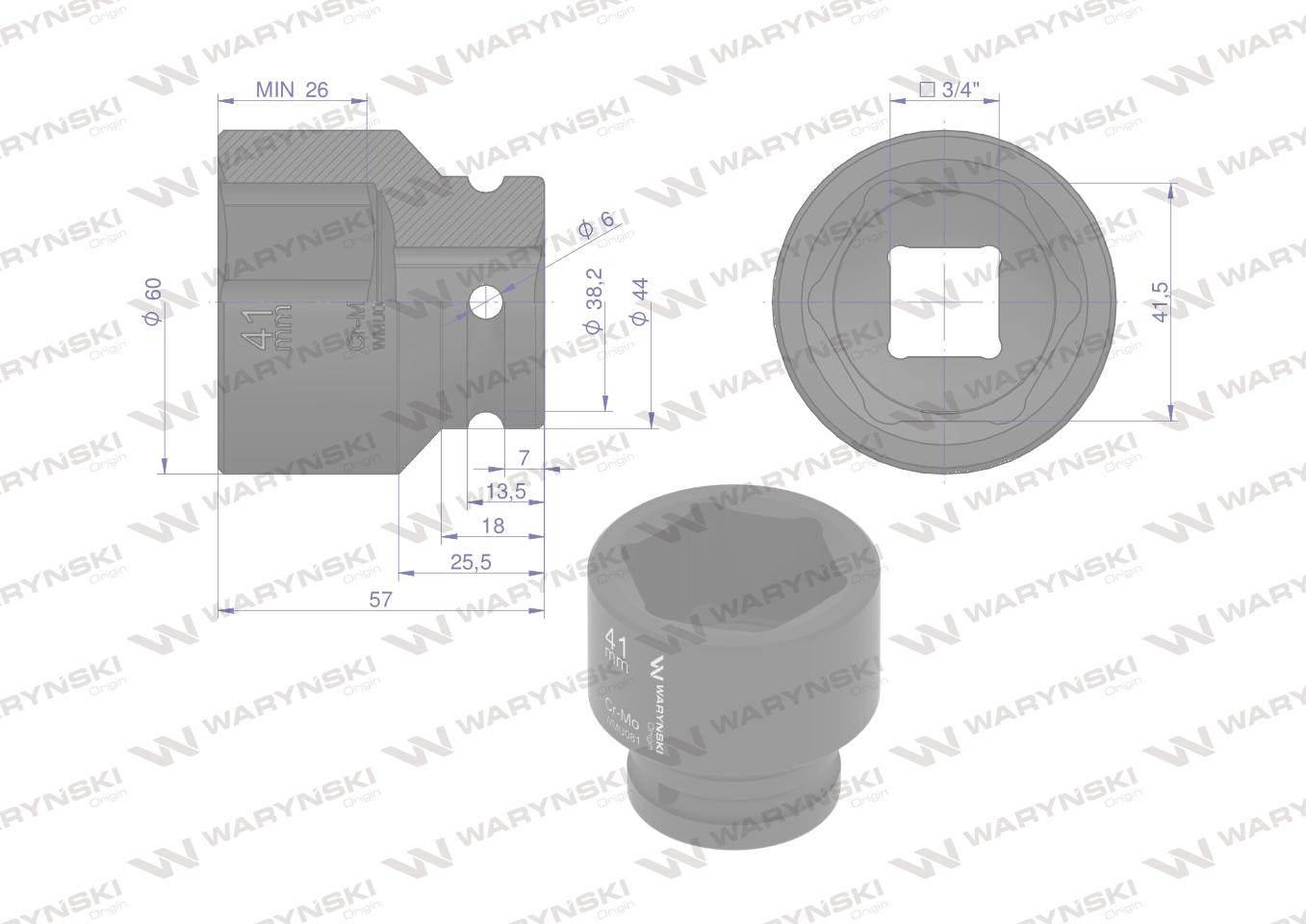 Nasadka udarowa sześciokątna 3/4". 41 mm. CrMo. DIN 3129. Waryński WMU081 - zdjęcie 2