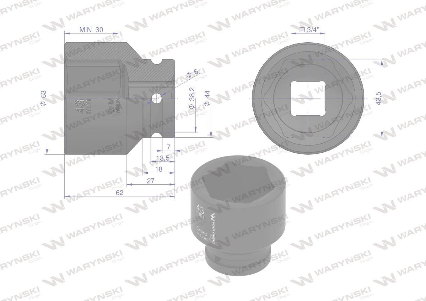 Nasadka udarowa sześciokątna 3/4". 43 mm. CrMo. DIN 3129. Waryński WMU083 - zdjęcie 2