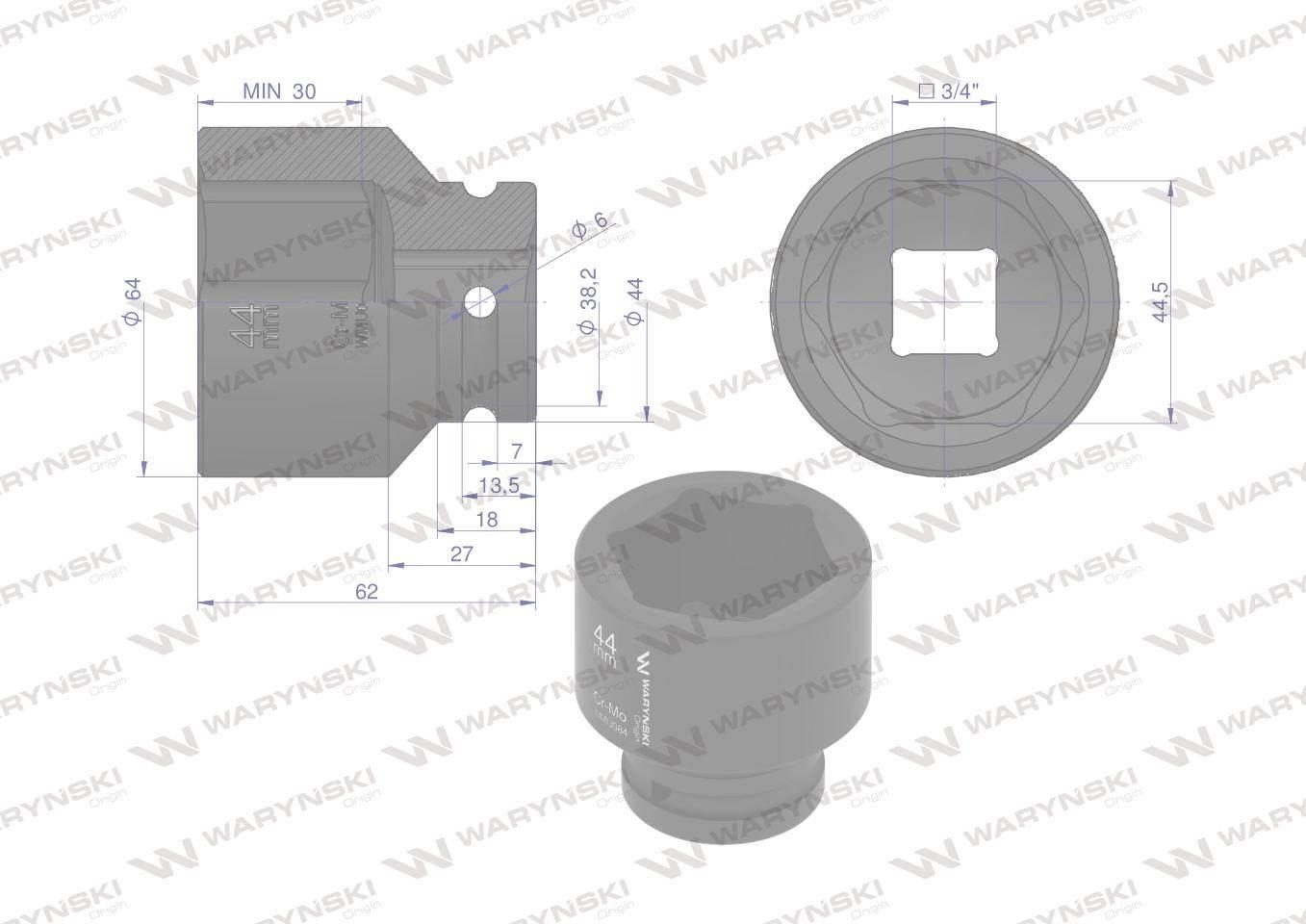 Nasadka udarowa sześciokątna 3/4". 44 mm. CrMo. DIN 3129. Waryński WMU084 - zdjęcie 2