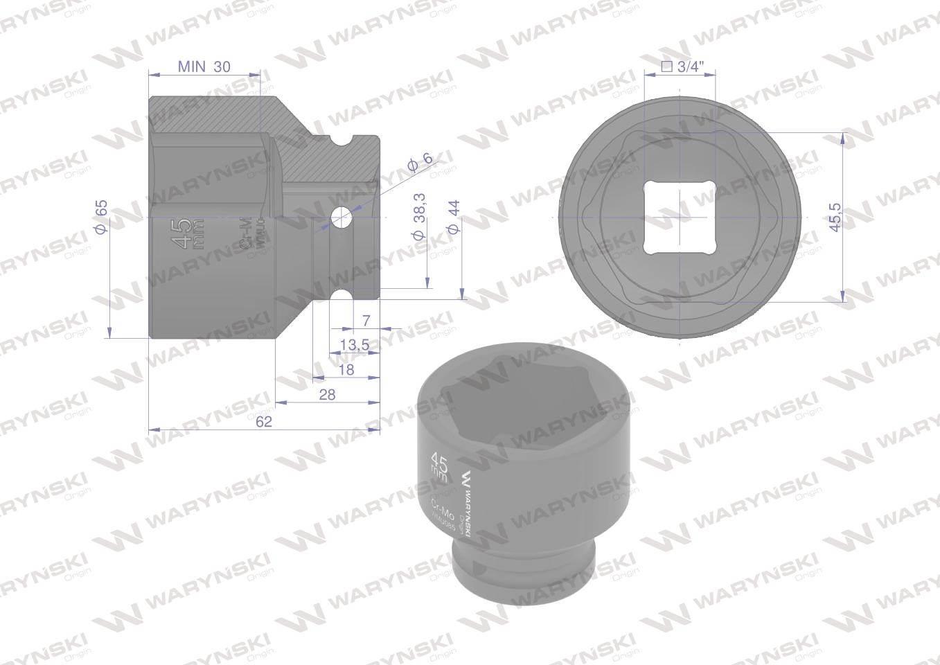 Nasadka udarowa sześciokątna 3/4". 45 mm. CrMo. DIN 3129. Waryński WMU085 - zdjęcie 2