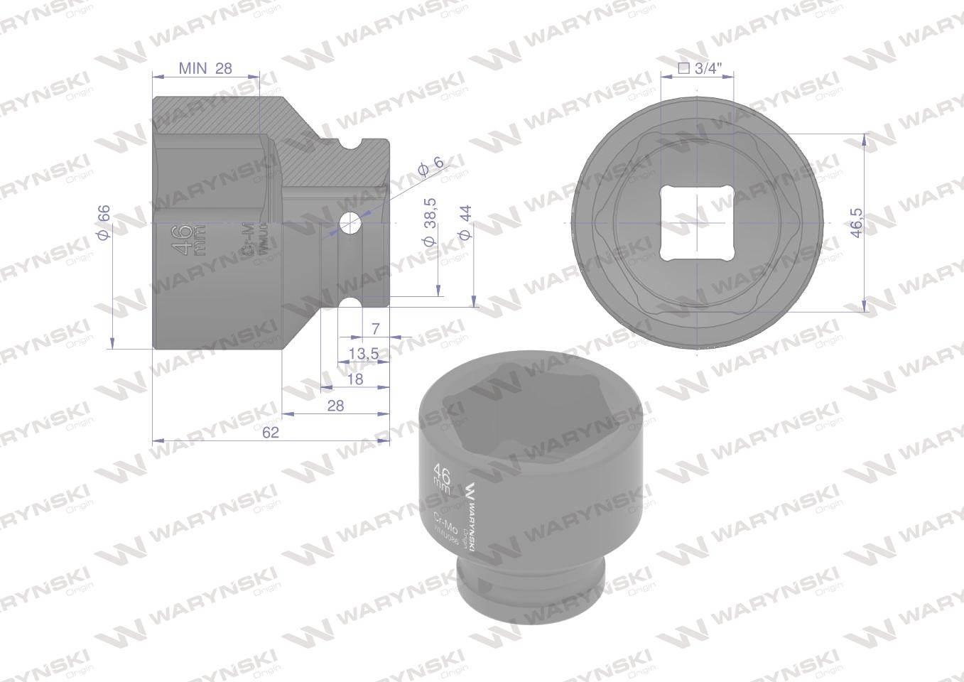 Nasadka udarowa sześciokątna 3/4". 46 mm. CrMo. DIN 3129. Waryński WMU086 - zdjęcie 2