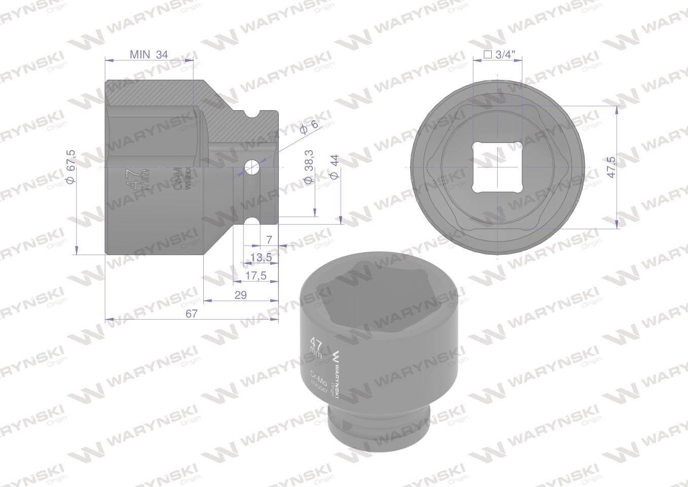 Nasadka udarowa sześciokątna 3/4". 47 mm. CrMo. DIN 3129. Waryński WMU087 - zdjęcie 2