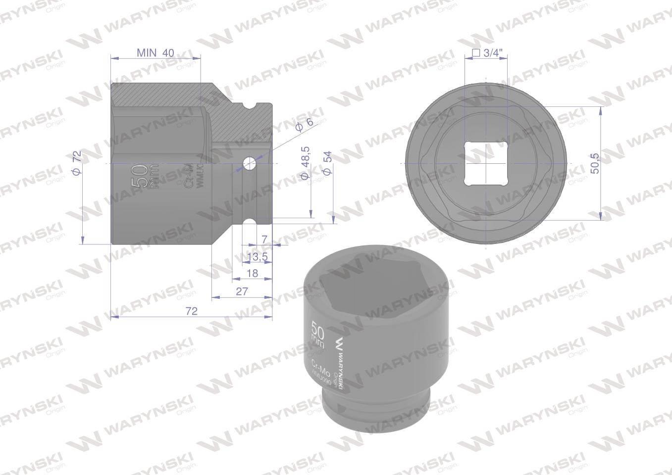Nasadka udarowa sześciokątna 3/4". 50 mm. CrMo. DIN 3129. Waryński WMU090 - zdjęcie 2
