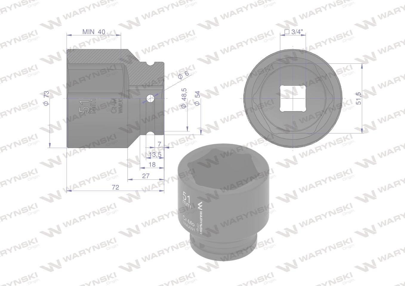 Nasadka udarowa sześciokątna 3/4". 51 mm. CrMo. DIN 3129. Waryński WMU091 - zdjęcie 2