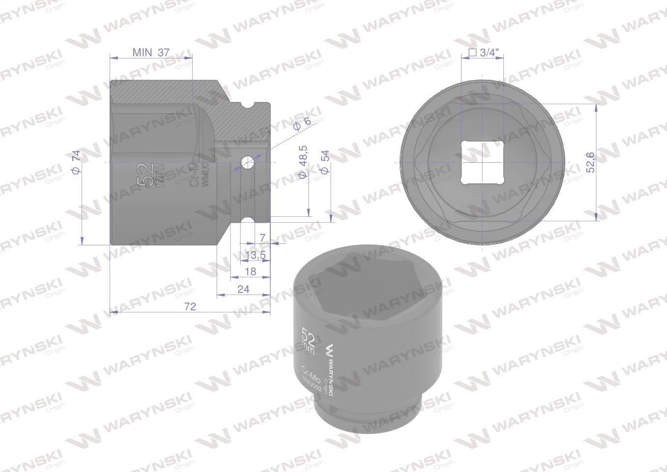 Nasadka udarowa sześciokątna 3/4". 52 mm. CrMo. DIN 3129. Waryński WMU092 - zdjęcie 2