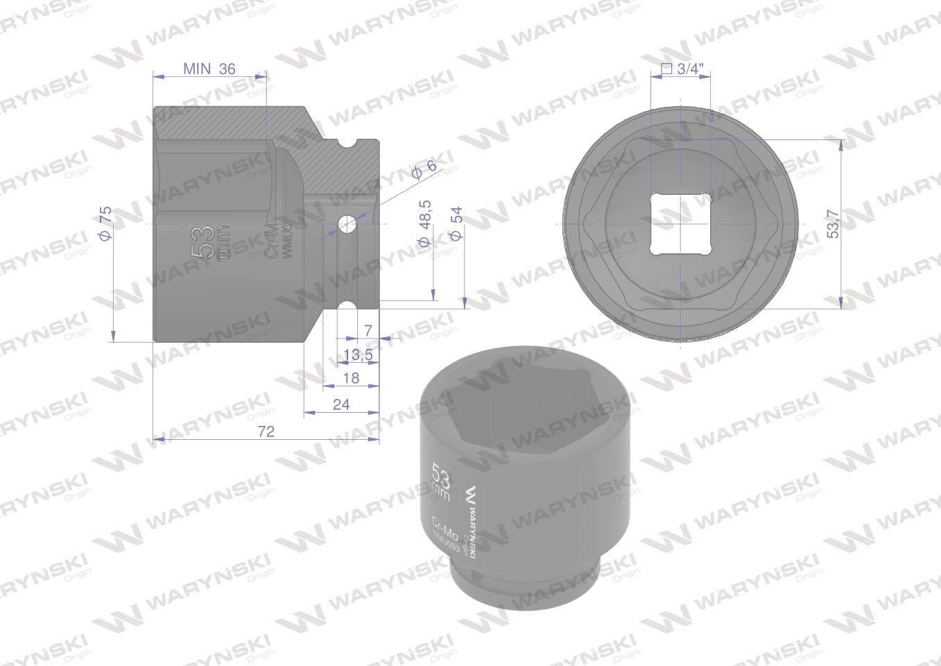 Nasadka udarowa sześciokątna 3/4". 53 mm. CrMo. DIN 3129. Waryński WMU093 - zdjęcie 2