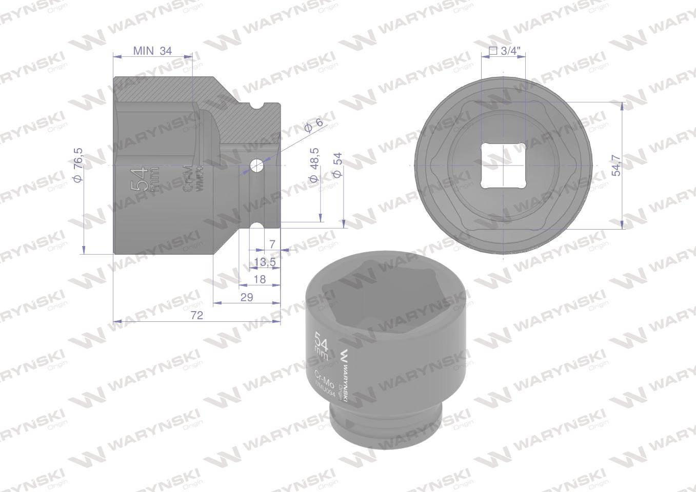 Nasadka udarowa sześciokątna 3/4". 54 mm. CrMo. DIN 3129. Waryński WMU094 - zdjęcie 2