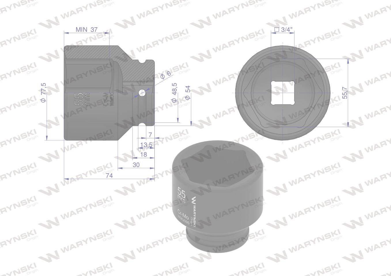 Nasadka udarowa sześciokątna 3/4". 55 mm. CrMo. DIN 3129. Waryński WMU095 - zdjęcie 2