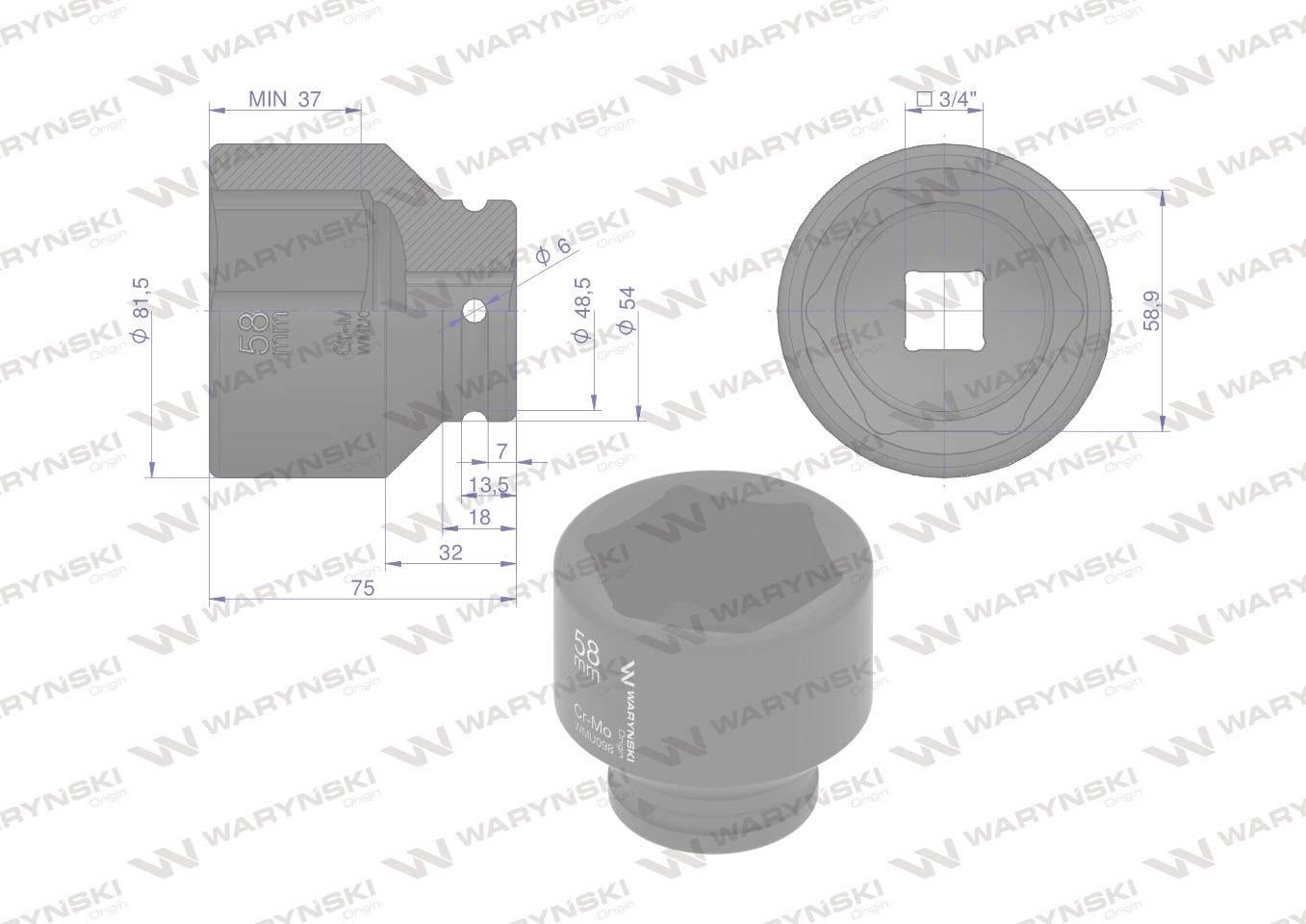 Nasadka udarowa sześciokątna 3/4". 58 mm. CrMo. DIN 3129. Waryński WMU098 - zdjęcie 2