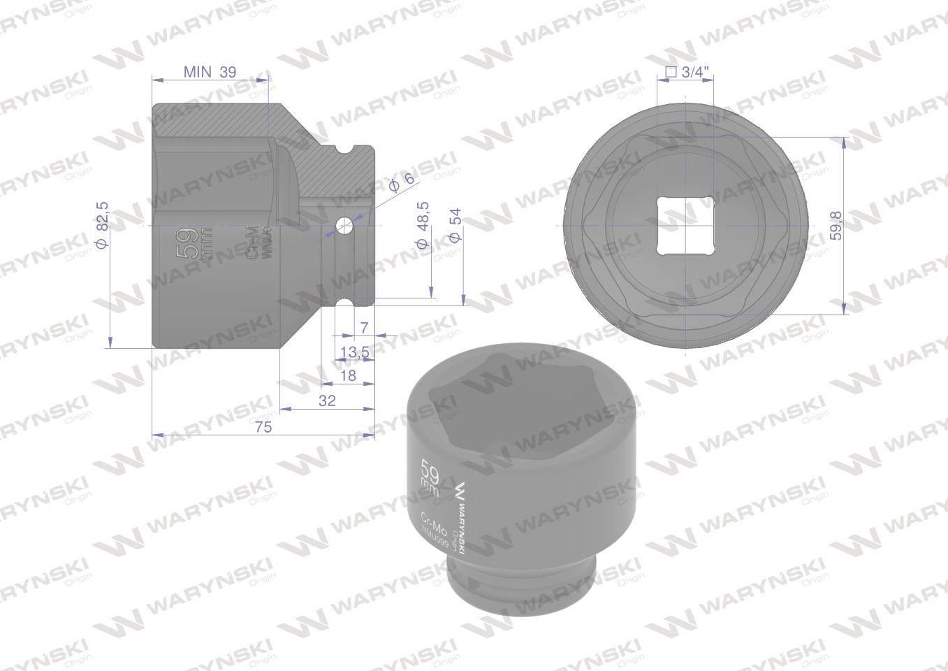 Nasadka udarowa sześciokątna 3/4". 59 mm. CrMo. DIN 3129. Waryński WMU099 - zdjęcie 2