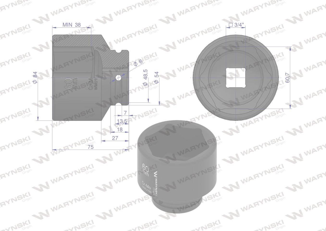 Nasadka udarowa sześciokątna 3/4". 60 mm. CrMo. DIN 3129. Waryński WMU100 - zdjęcie 2