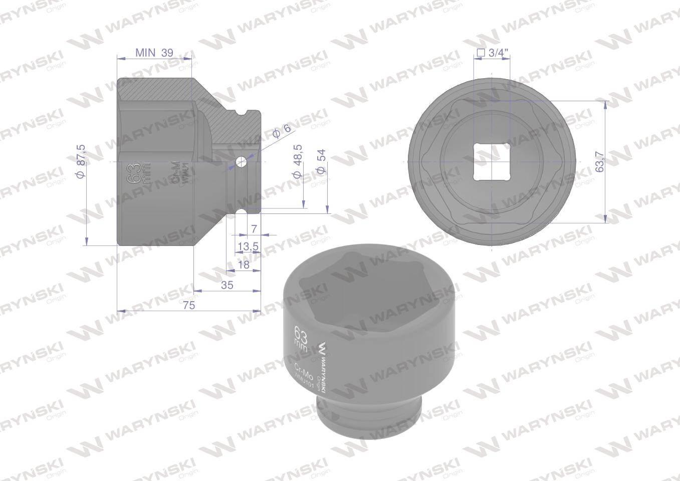 Nasadka udarowa sześciokątna 3/4". 63 mm. CrMo. DIN 3129. Waryński WMU101 - zdjęcie 2