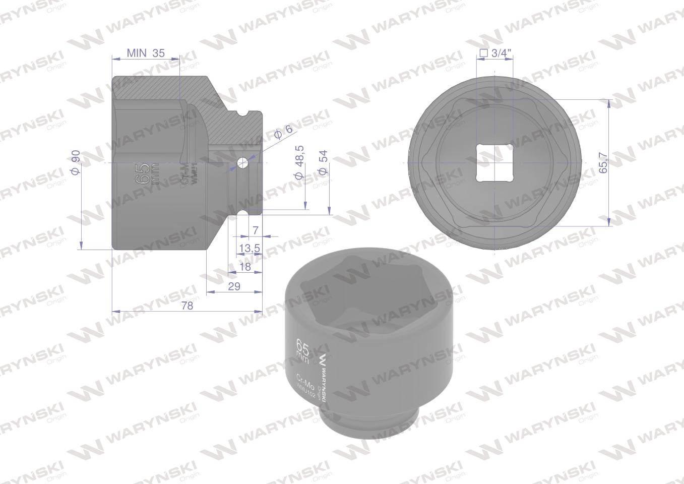Nasadka udarowa sześciokątna 3/4". 65 mm. CrMo. DIN 3129. Waryński WMU102 - zdjęcie 2
