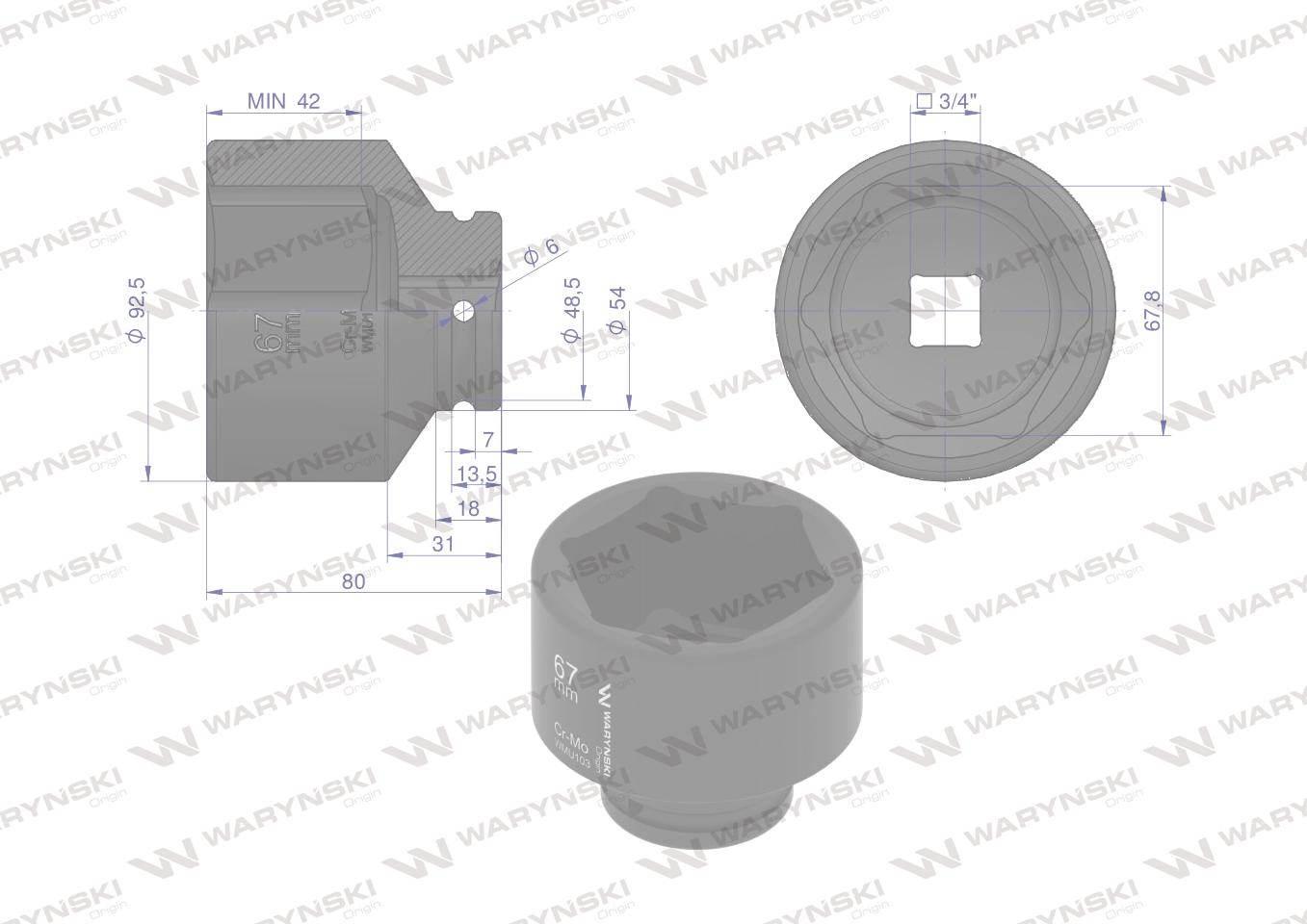 Nasadka udarowa sześciokątna 3/4". 67 mm. CrMo. DIN 3129. Waryński WMU103 - zdjęcie 2