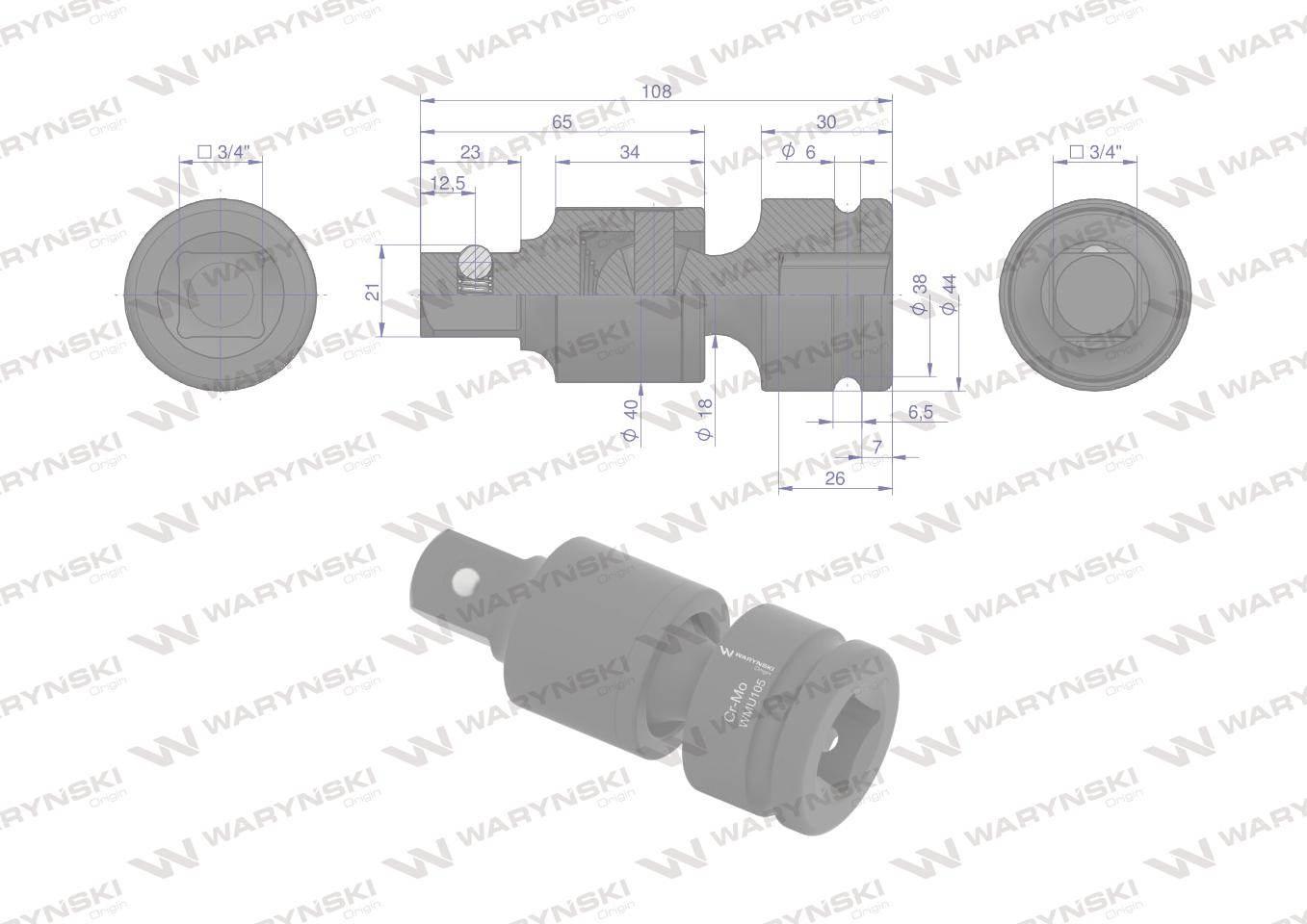 Przegub do nasadek udarowych 3/4". CrMo. Waryński WMU105 - zdjęcie 2