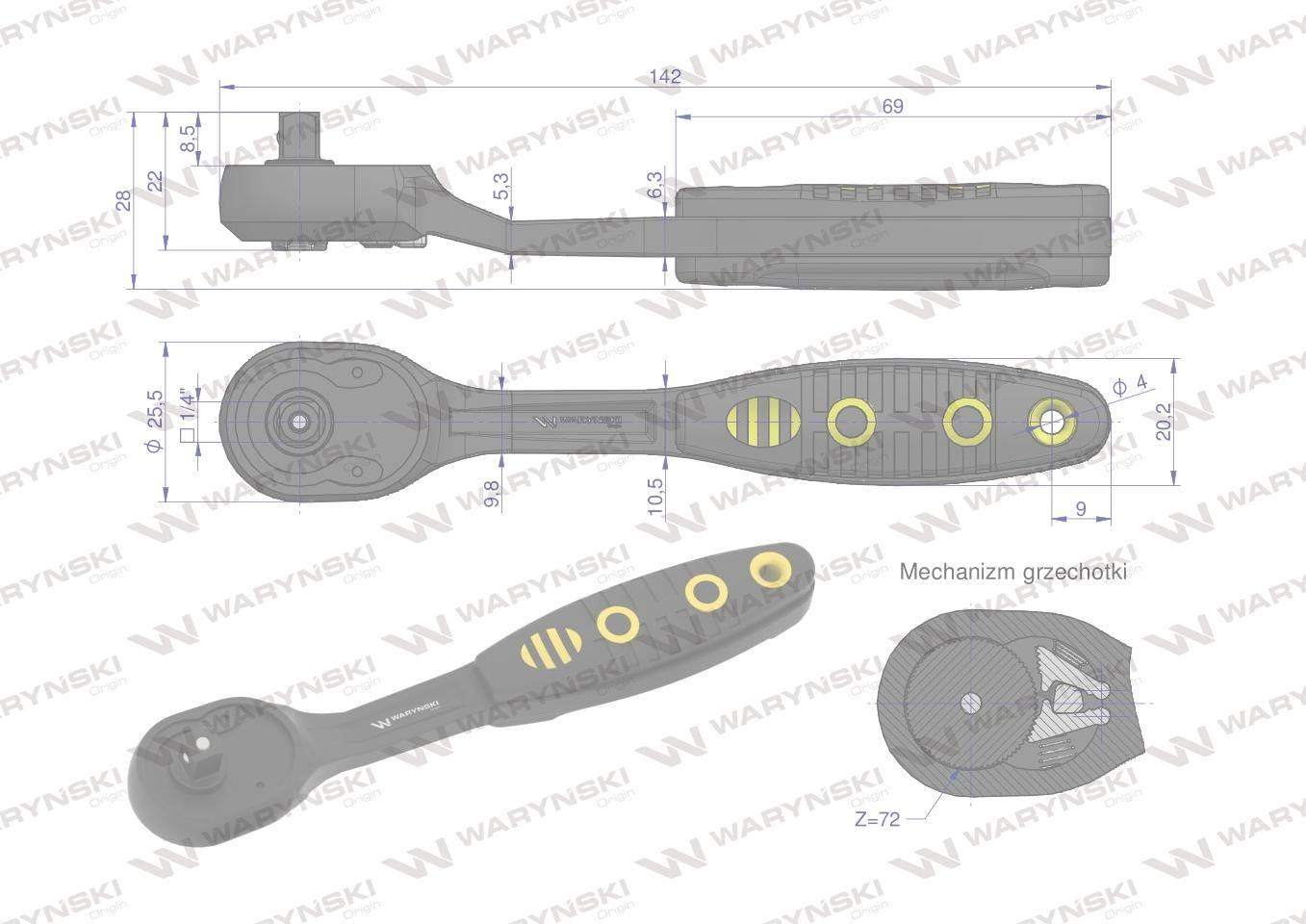 Grzechotka 1/4". 72T. odgięta. Waryński WMR008 - zdjęcie 8