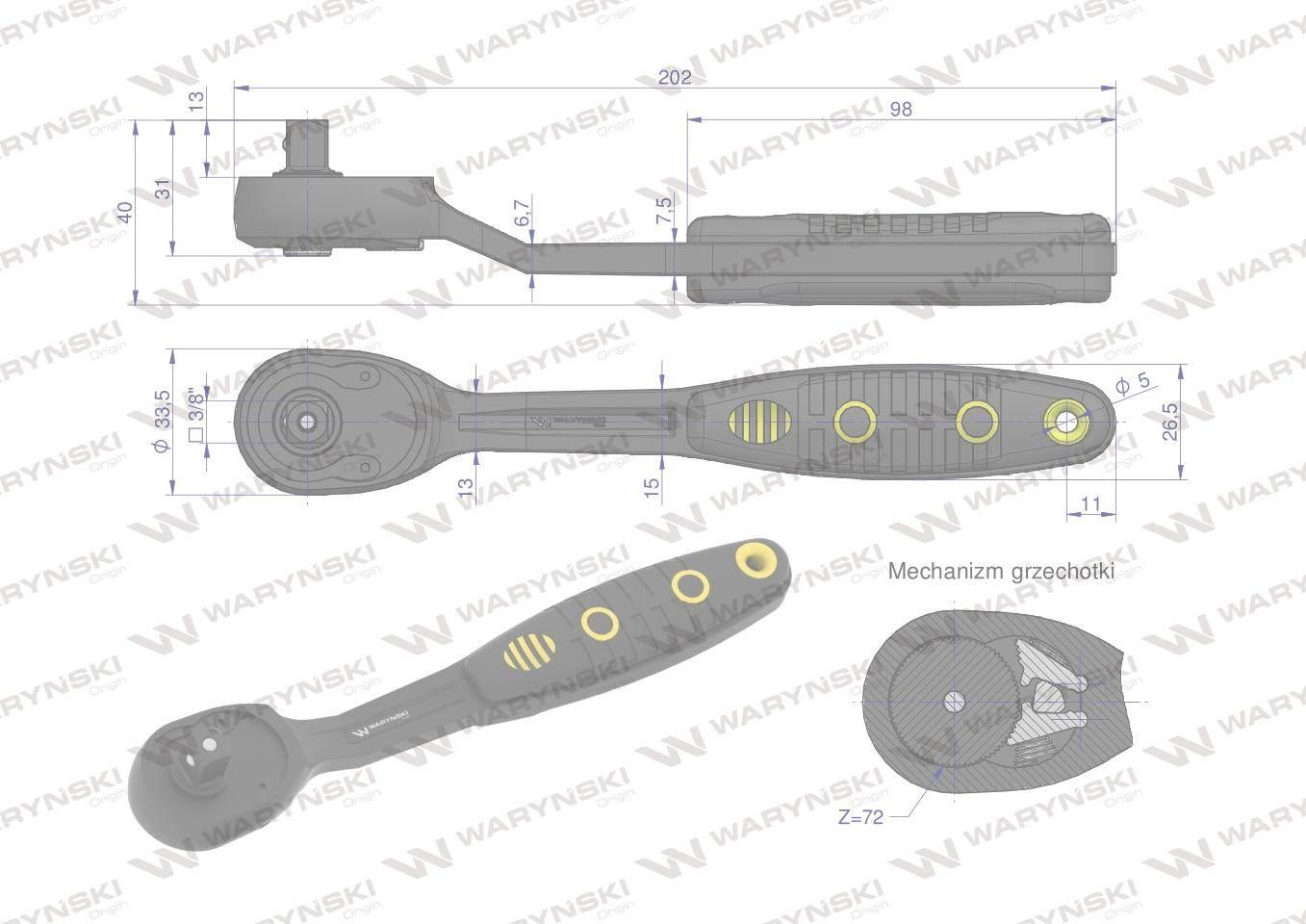 Grzechotka 3/8". 72 T. odgięta. Waryński WMR009 - zdjęcie 4