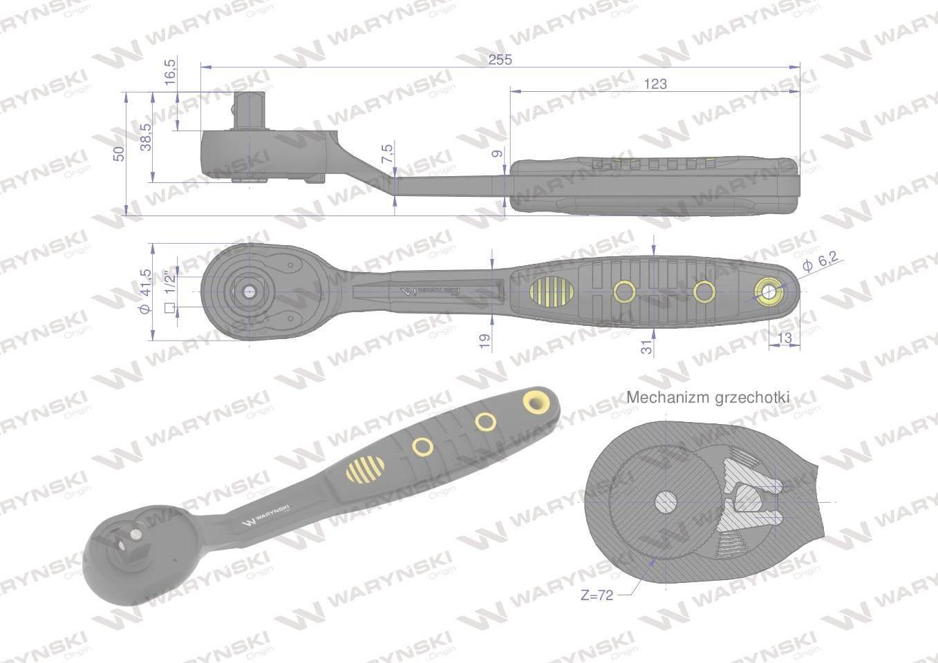 Grzechotka 1/2". 72 T. odgięta. Waryński WMR010 - zdjęcie 6