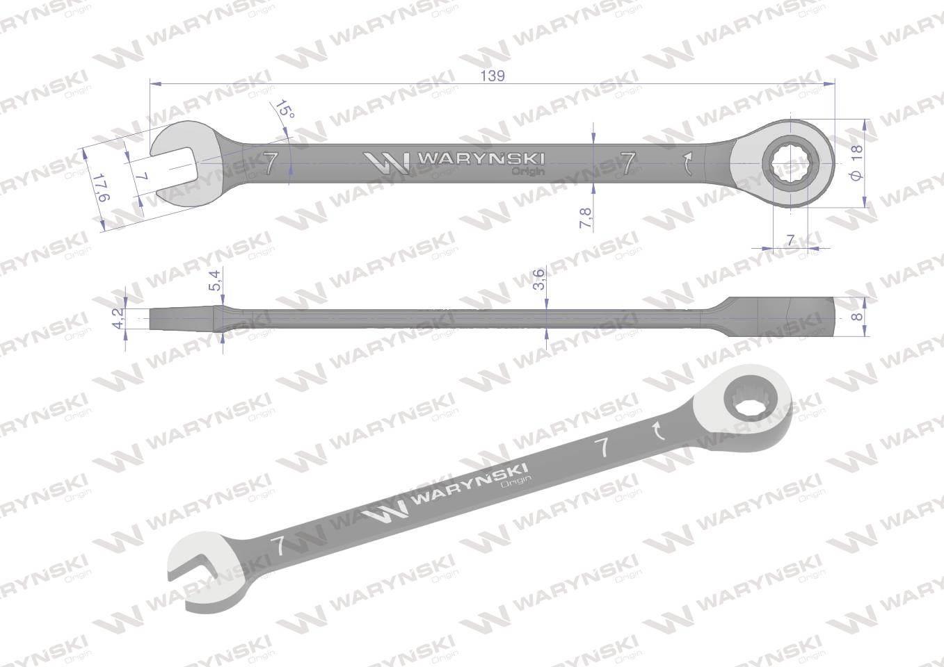 Klucz płasko-oczkowy 7 mm z grzechotką 72 zęby standard ASME B107-2010 Wary - zdjęcie 2