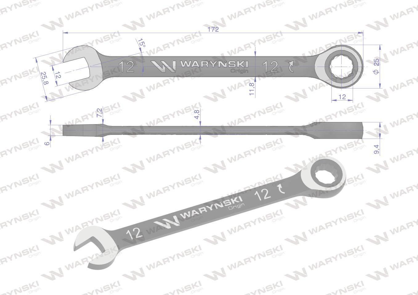 Klucz płasko-oczkowy 12 mm z grzechotką 72 zęby standard ASME B107-2010 War - zdjęcie 2