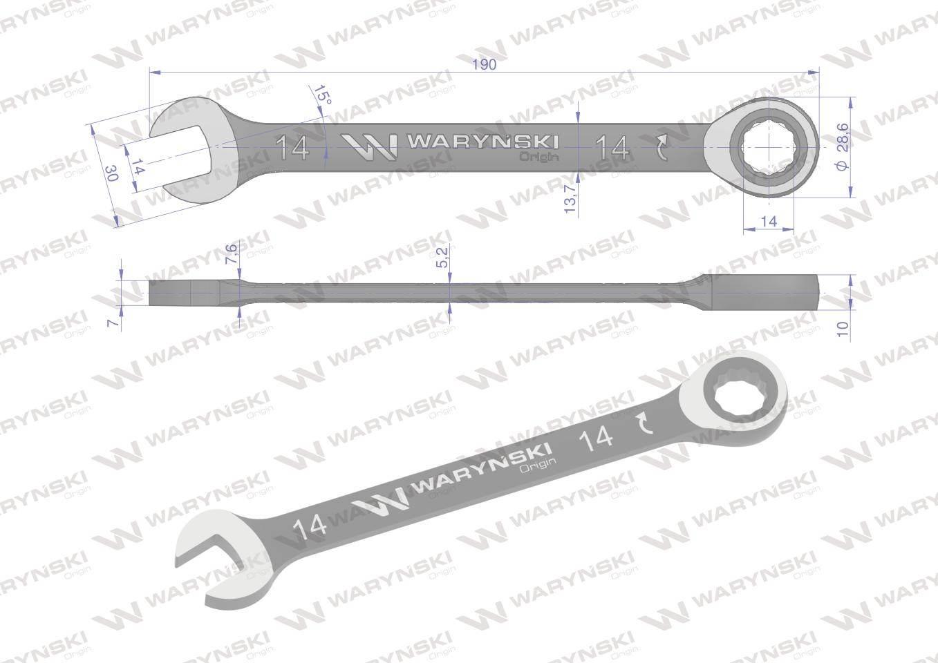 Klucz płasko-oczkowy 14 mm z grzechotką 72 zęby standard ASME B107-2010 War - zdjęcie 2