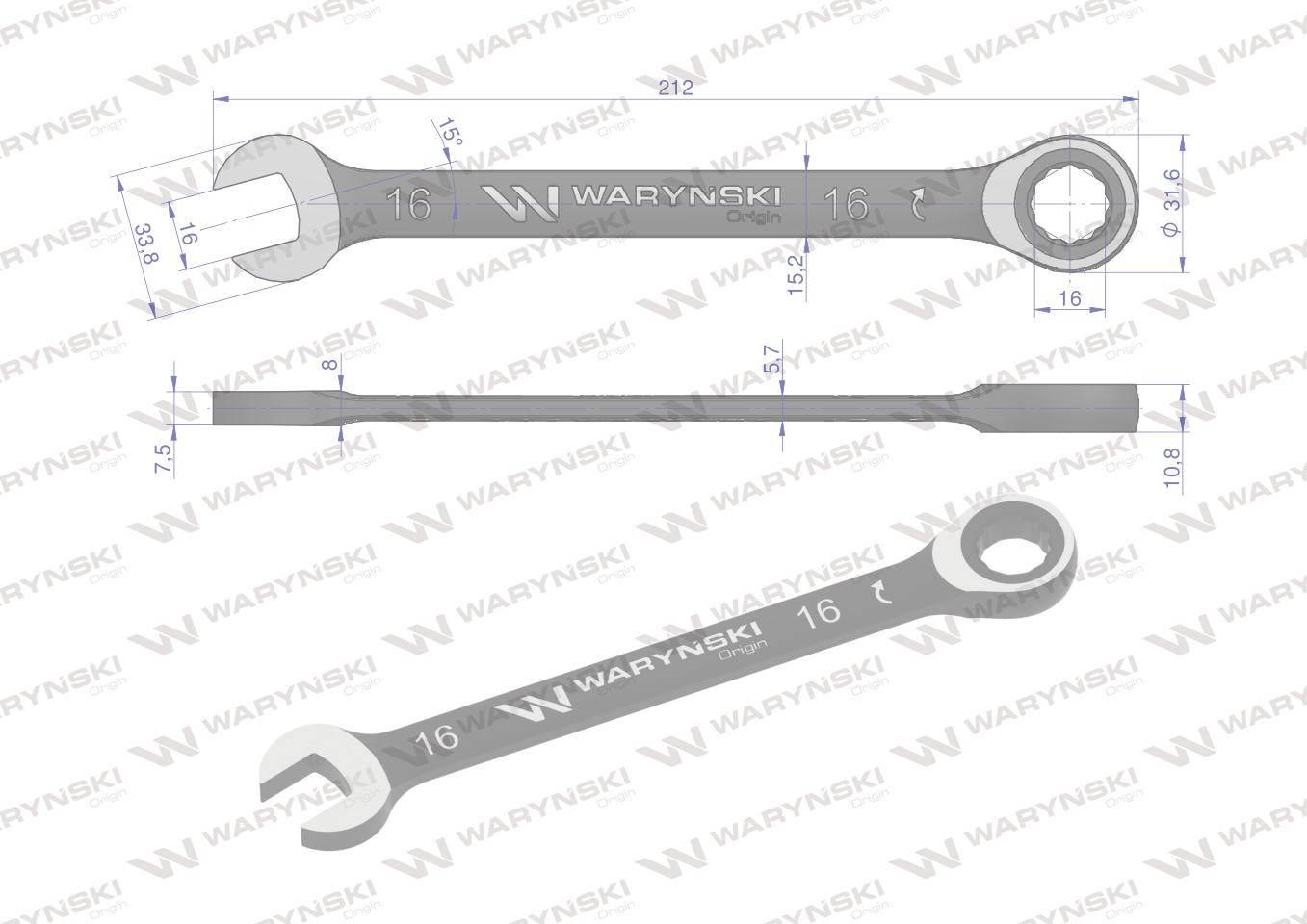 Klucz płasko-oczkowy 16 mm z grzechotką 72 zęby standard ASME B107-2010 War - zdjęcie 2