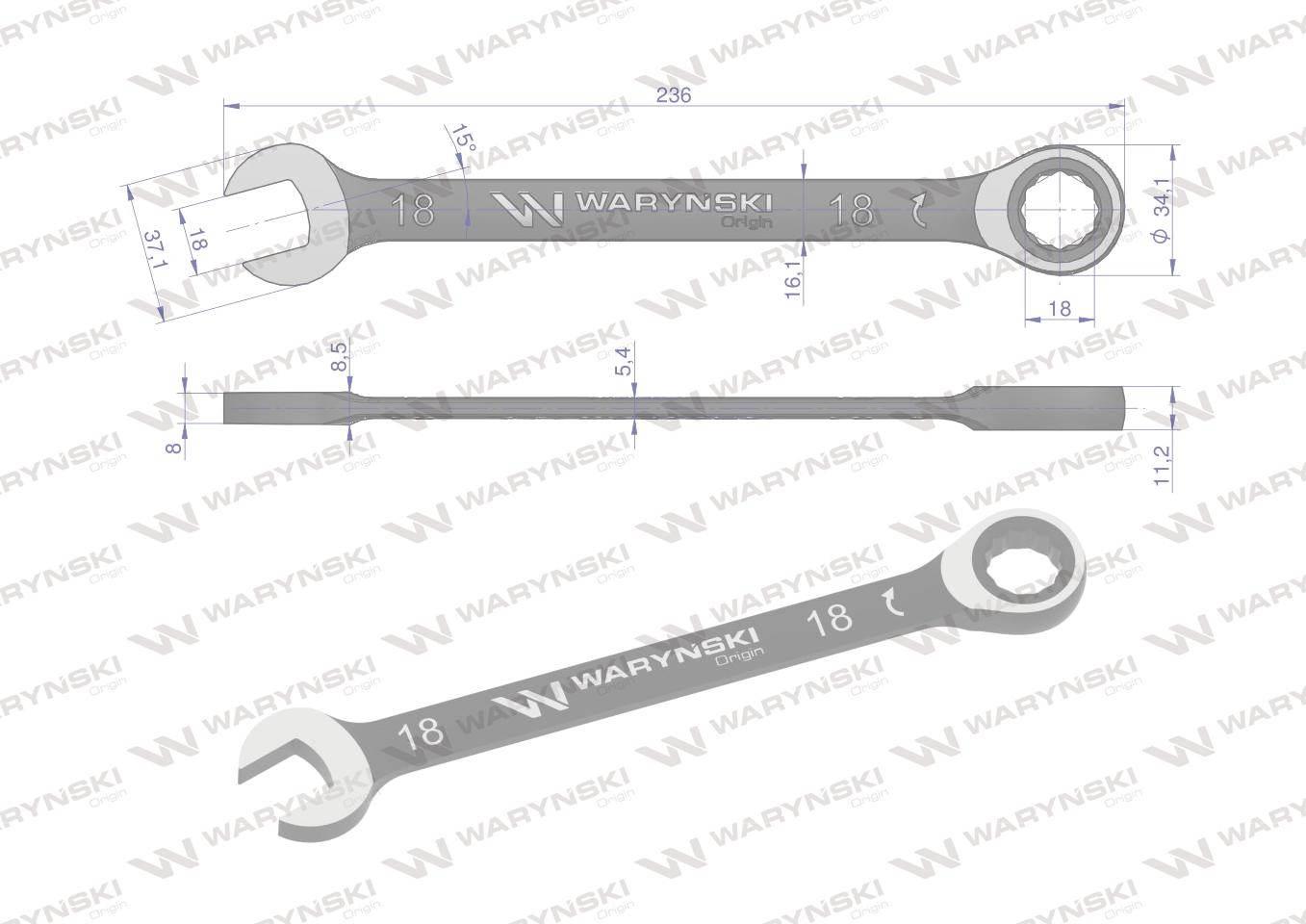 Klucz płasko-oczkowy 18 mm z grzechotką 72 zęby standard ASME B107-2010 War - zdjęcie 2