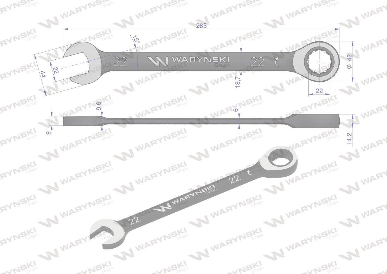 Klucz płasko-oczkowy 22 mm z grzechotką 72 zęby standard ASME B107-2010 War - zdjęcie 2