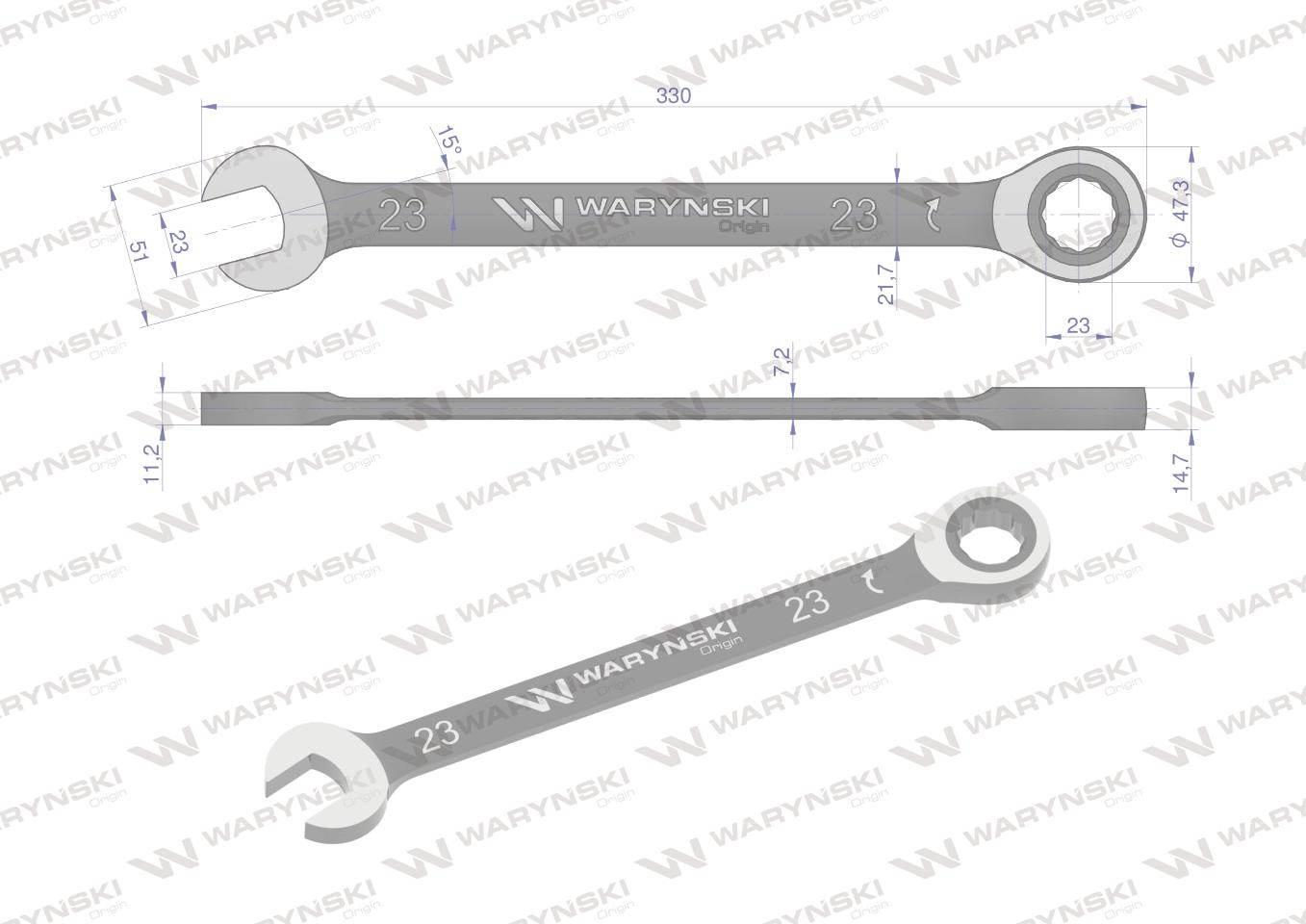 Klucz płasko-oczkowy 23 mm z grzechotką 72 zęby standard ASME B107-2010 War - zdjęcie 2