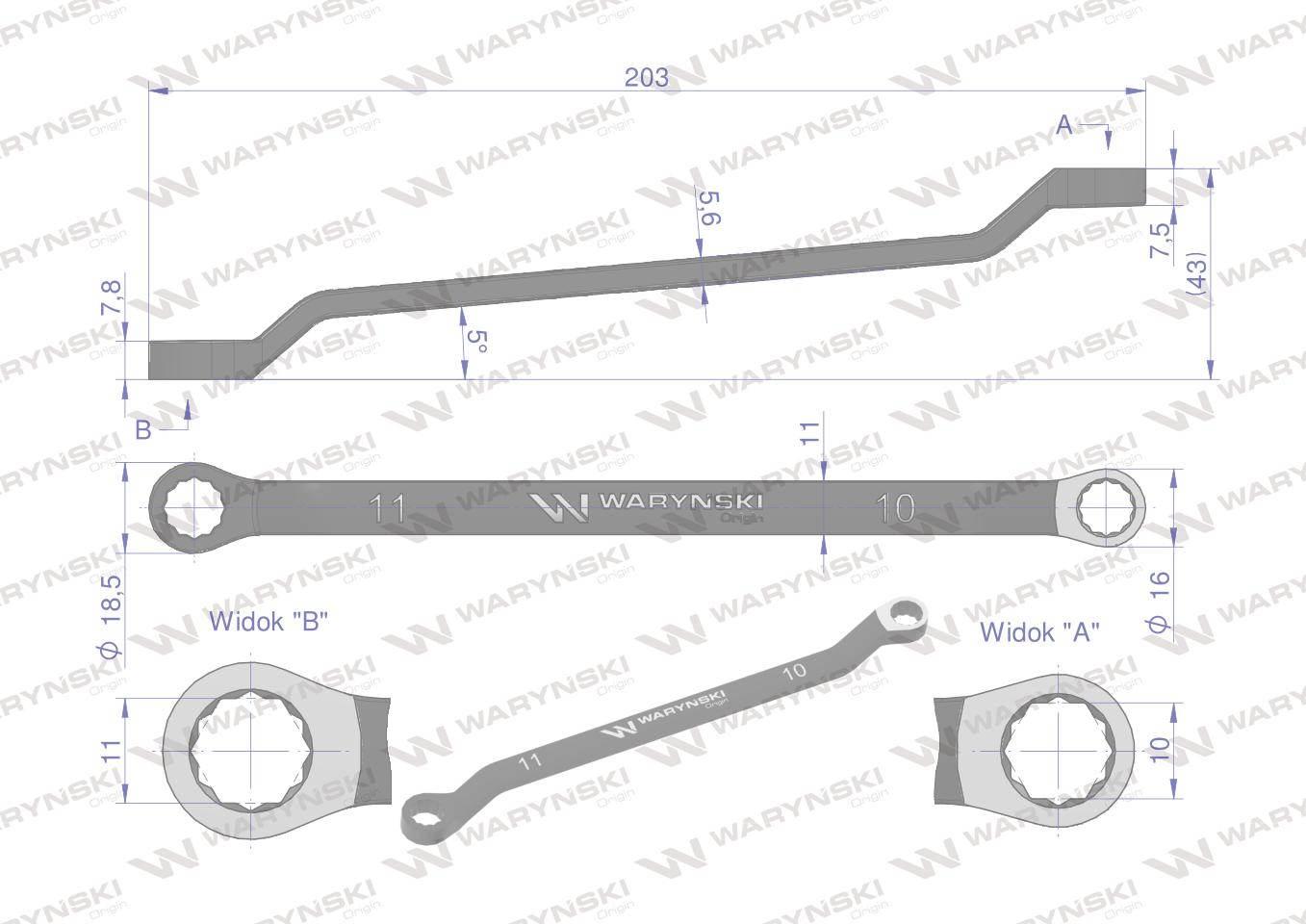 Klucz oczkowy odsadzony 10 x 11 mm. CrV standard ASME B107.9 Waryński - zdjęcie 2
