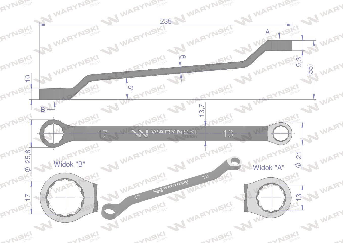 Klucz oczkowy odsadzony 13 x 17 mm. CrV standard ASME B107.9 Waryński - zdjęcie 2