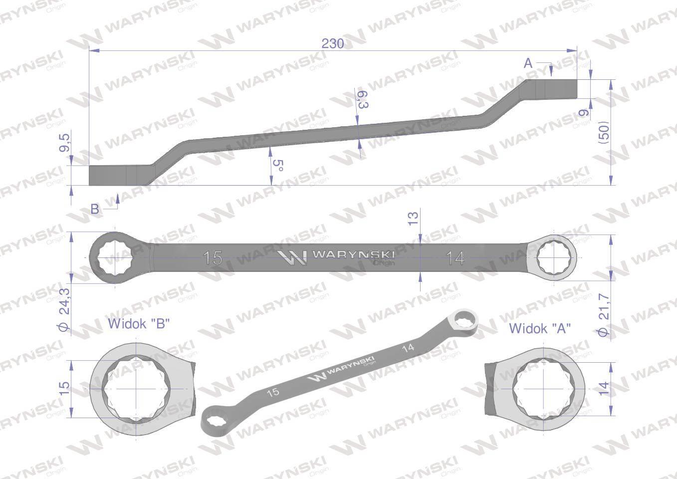 Klucz oczkowy odsadzony 14 x 15 mm. CrV standard ASME B107.9 Waryński - zdjęcie 2