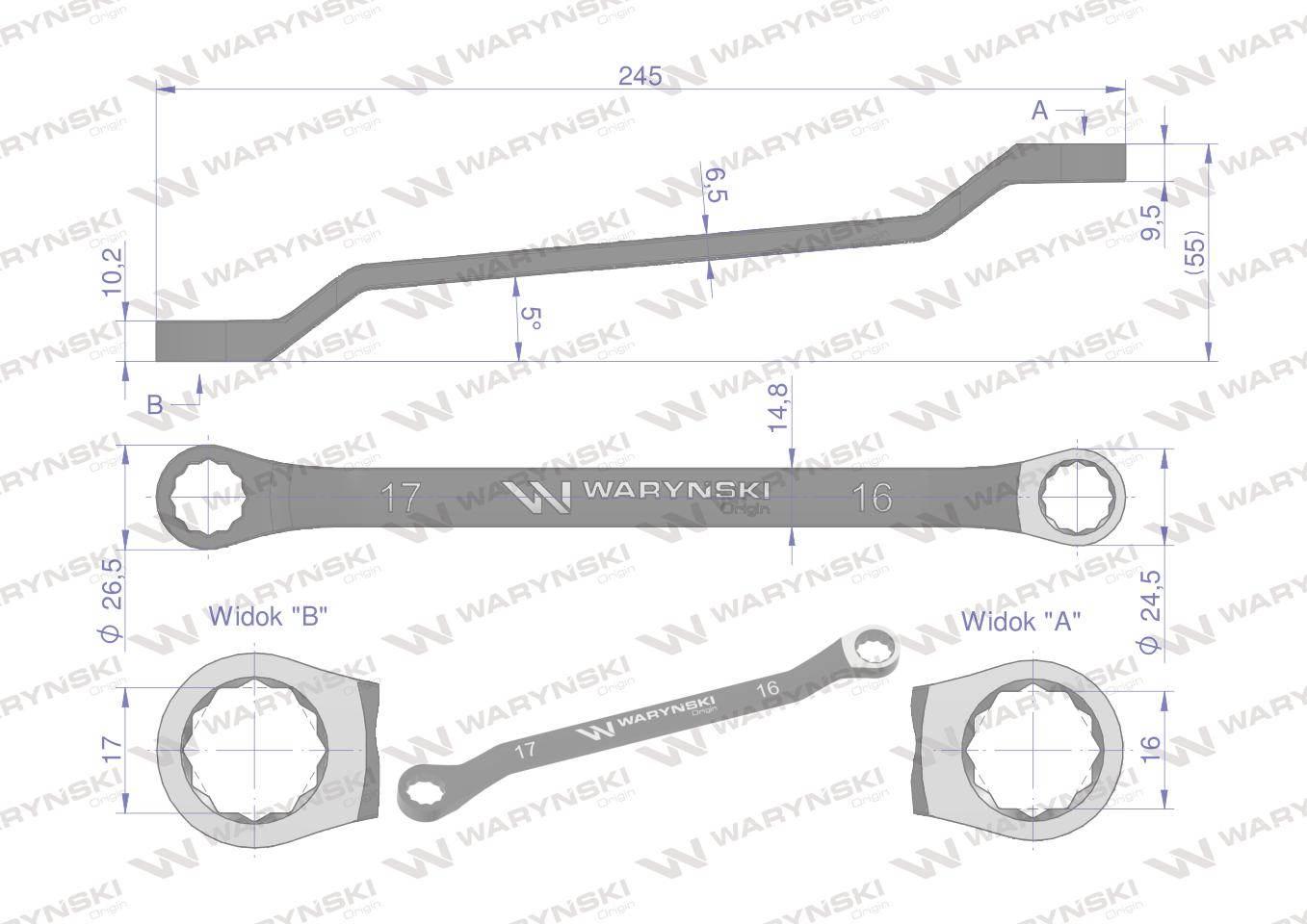 Klucz oczkowy odsadzony 16 x 17 mm. CrV standard ASME B107.9 Waryński - zdjęcie 2