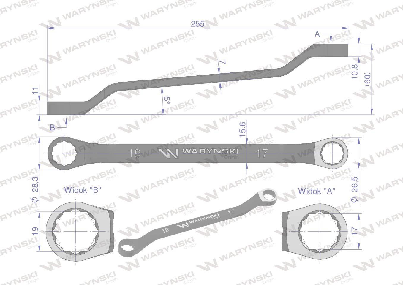 Klucz oczkowy odsadzony 17 x 19 mm. CrV standard ASME B107.9 Waryński - zdjęcie 2