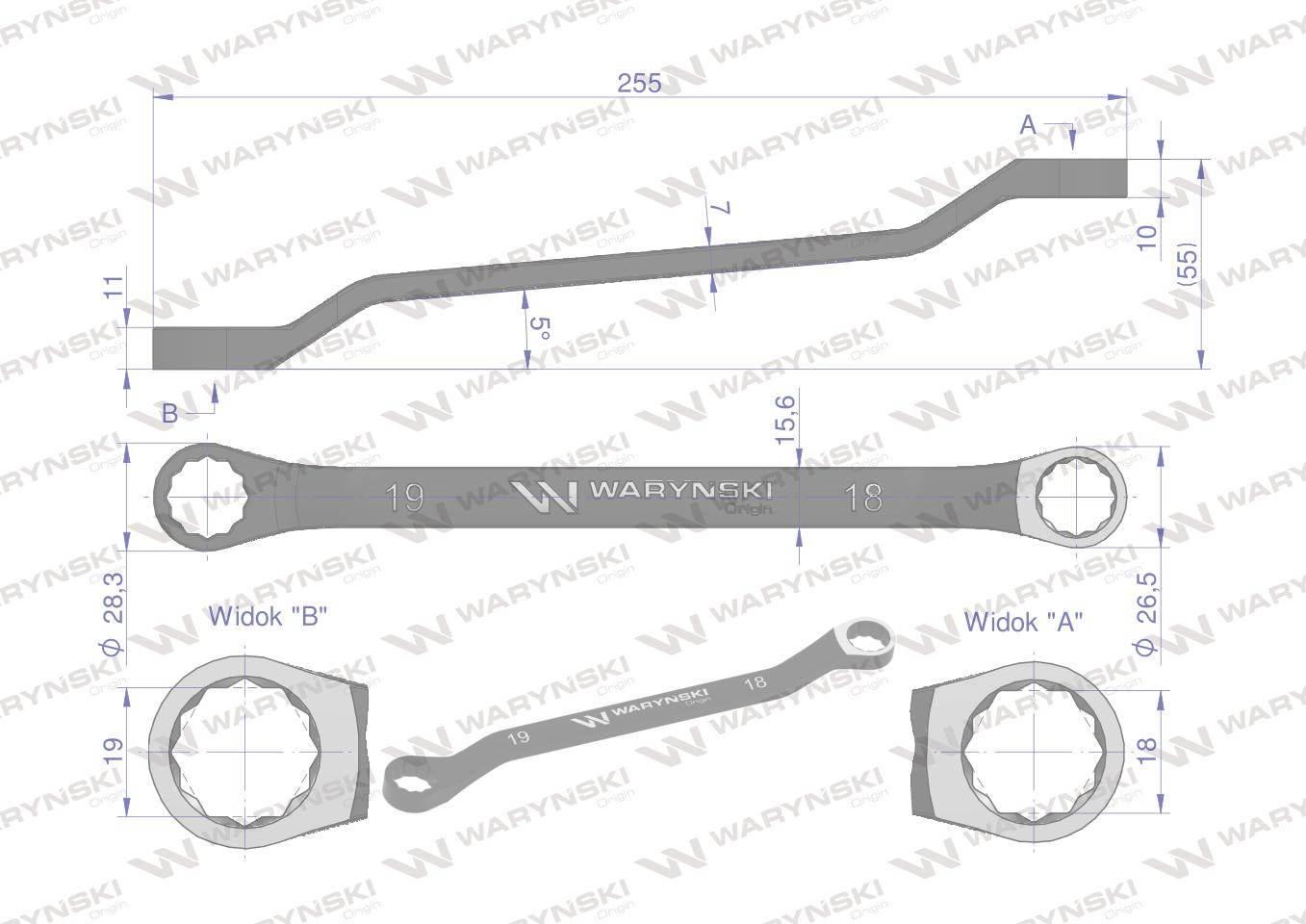Klucz oczkowy odsadzony 18 x 19 mm. CrV standard ASME B107.9 Waryński - zdjęcie 2