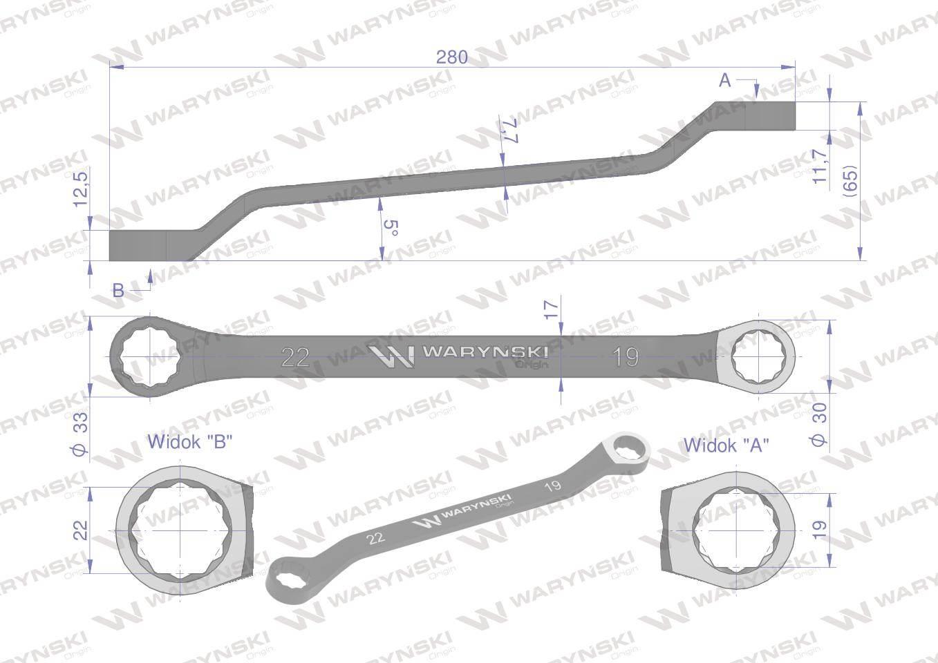 Klucz oczkowy odsadzony 19 x 22 mm. CrV standard ASME B107.9 Waryński - zdjęcie 2