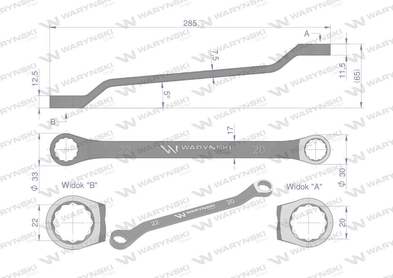Klucz oczkowy odsadzony 20 x 22 mm. CrV standard ASME B107.9 Waryński - zdjęcie 2