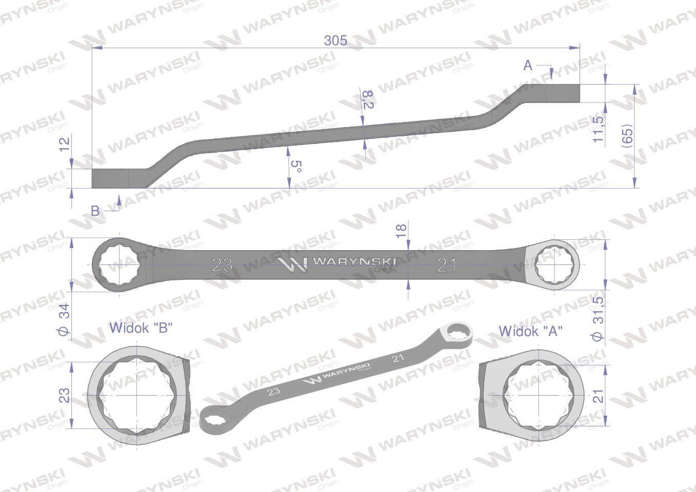 Klucz oczkowy odsadzony 21 x 23 mm. CrV standard ASME B107.9 Waryński - zdjęcie 2