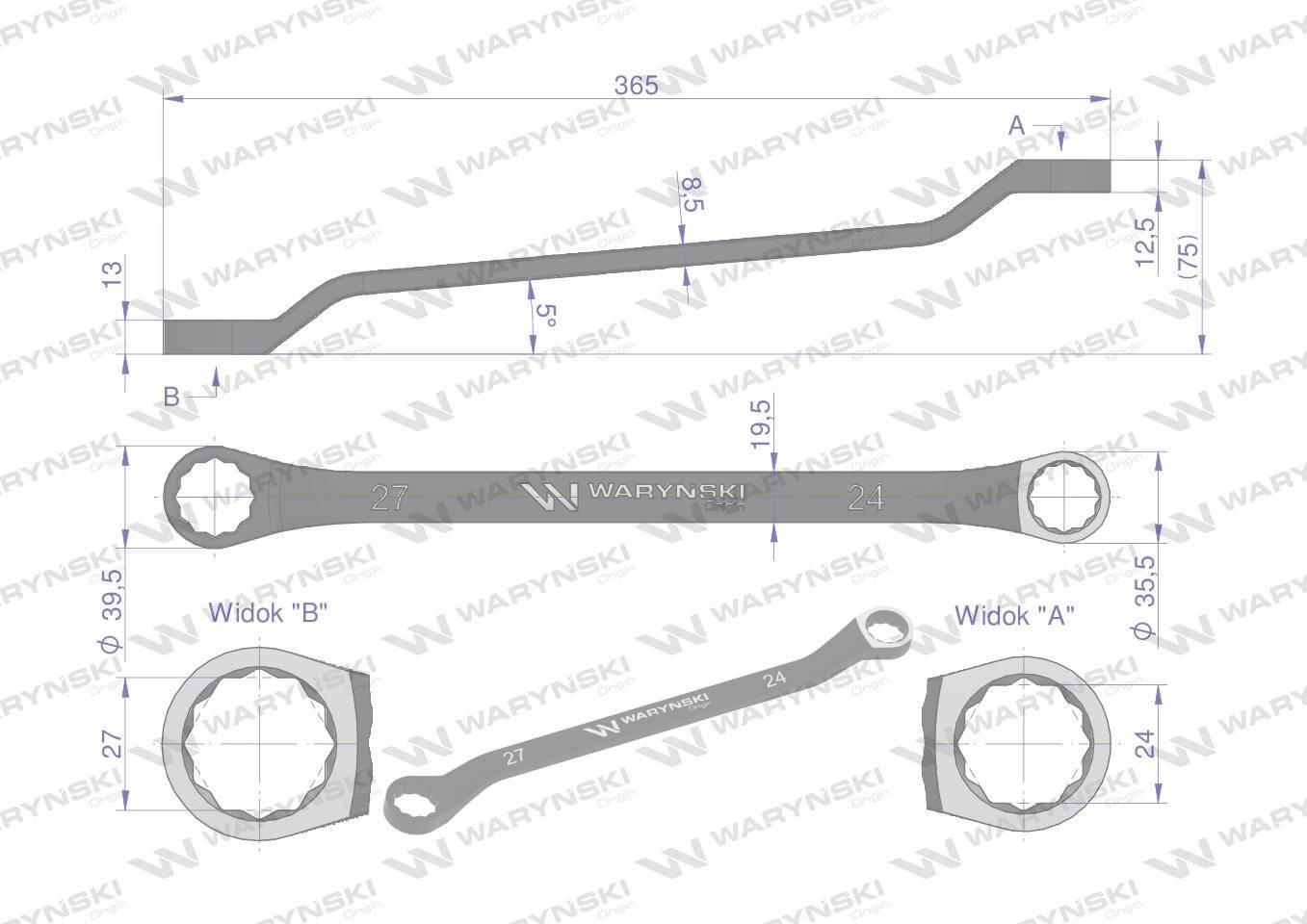 Klucz oczkowy odsadzony 24 x 27 mm. CrV standard ASME B107.9 Waryński - zdjęcie 2