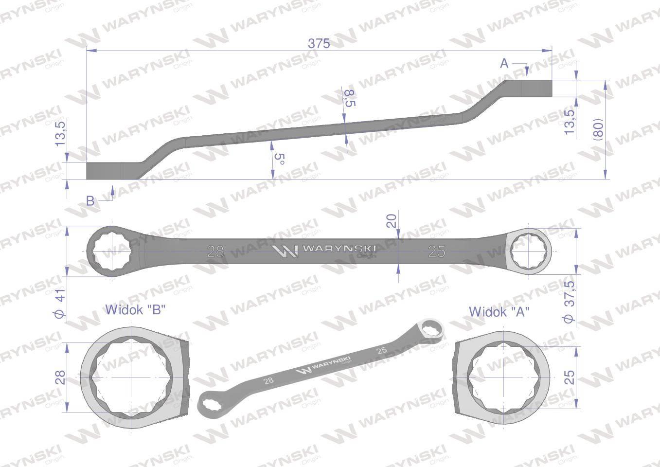 Klucz oczkowy odsadzony 25 x 28 mm. CrV standard ASME B107.9 Waryński - zdjęcie 2