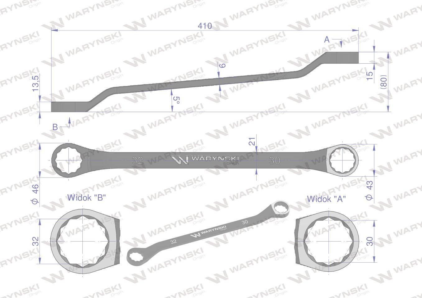 Klucz oczkowy odsadzony 30 x 32 mm. CrV standard ASME B107.9 Waryński - zdjęcie 2