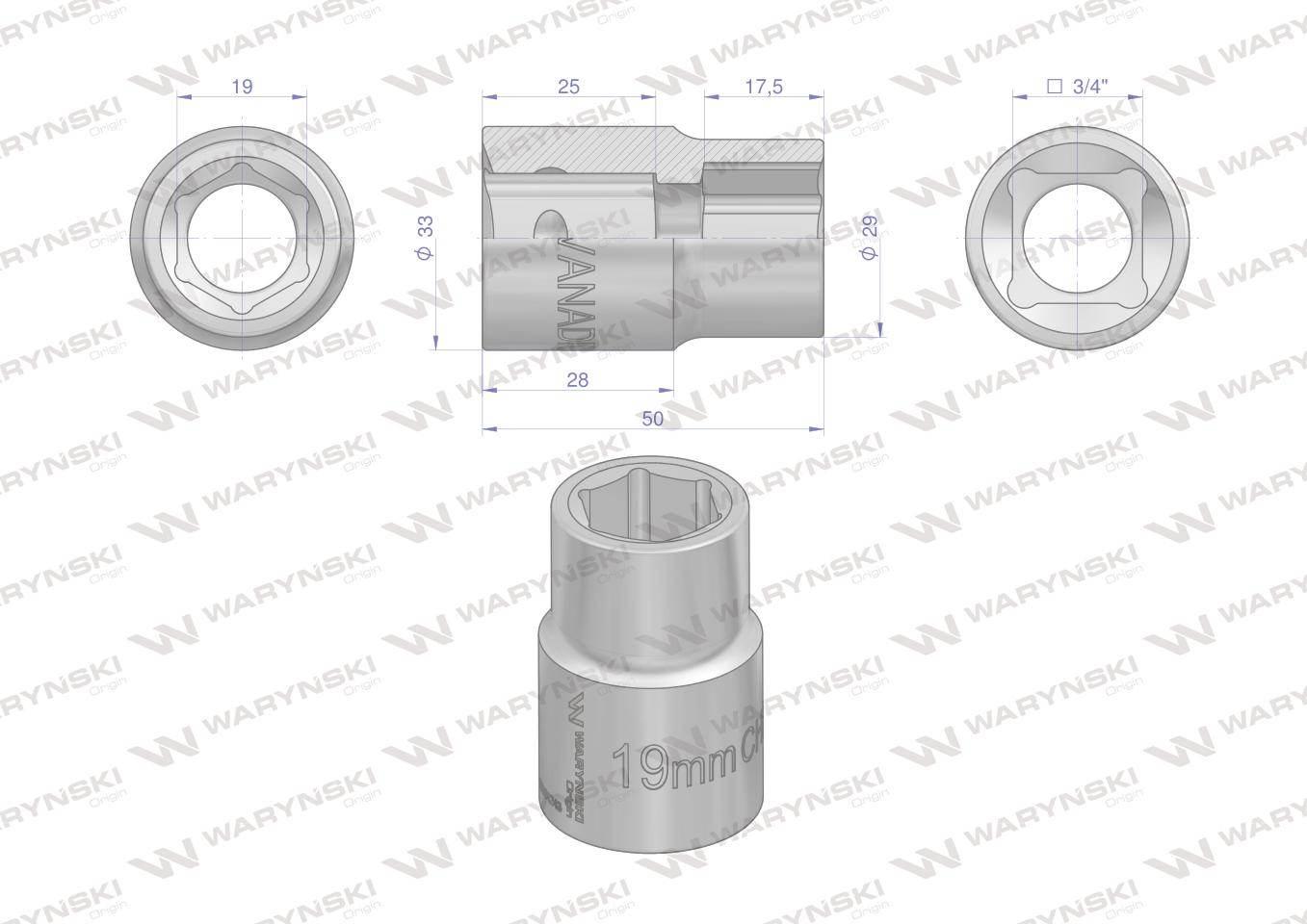 Nasadka sześciokątna 3/4". 19 mm. CrV50BV30. DIN 3124. Waryński WMN243 - zdjęcie 2