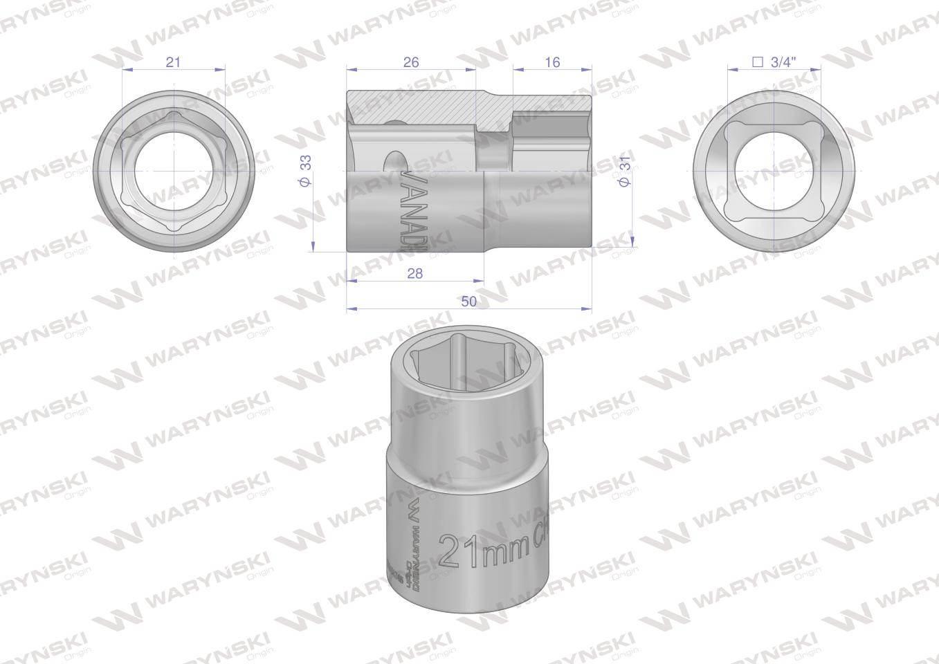 Nasadka sześciokątna 3/4". 21 mm. CrV50BV30. DIN 3124. Waryński WMN245 - zdjęcie 2