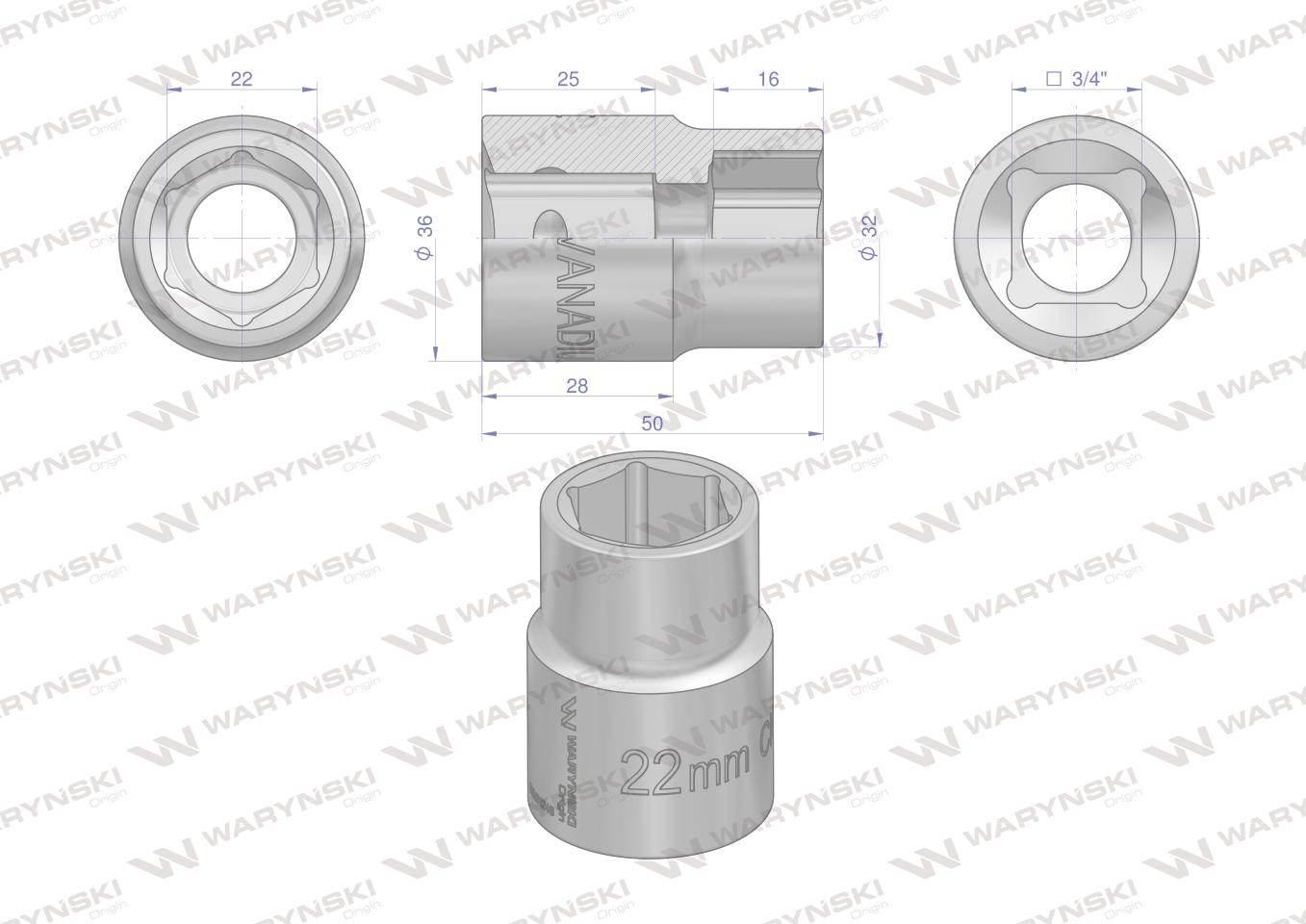Nasadka sześciokątna 3/4". 22 mm. CrV50BV30. DIN 3124. Waryński WMN246 - zdjęcie 2