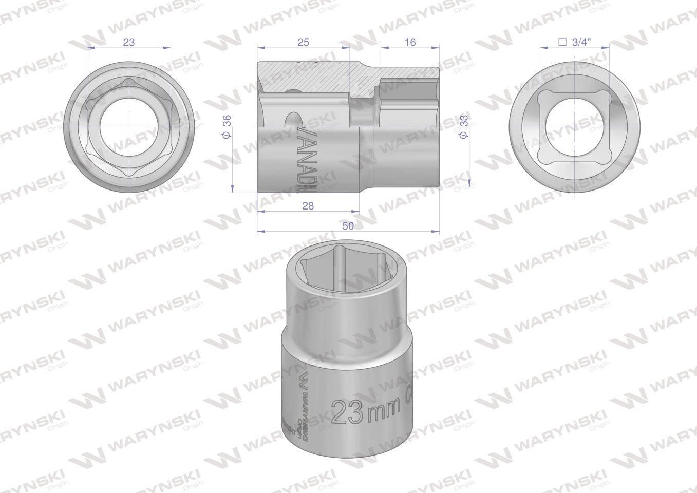 Nasadka sześciokątna 3/4". 23 mm. CrV50BV30. DIN 3124. Waryński WMN247 - zdjęcie 2