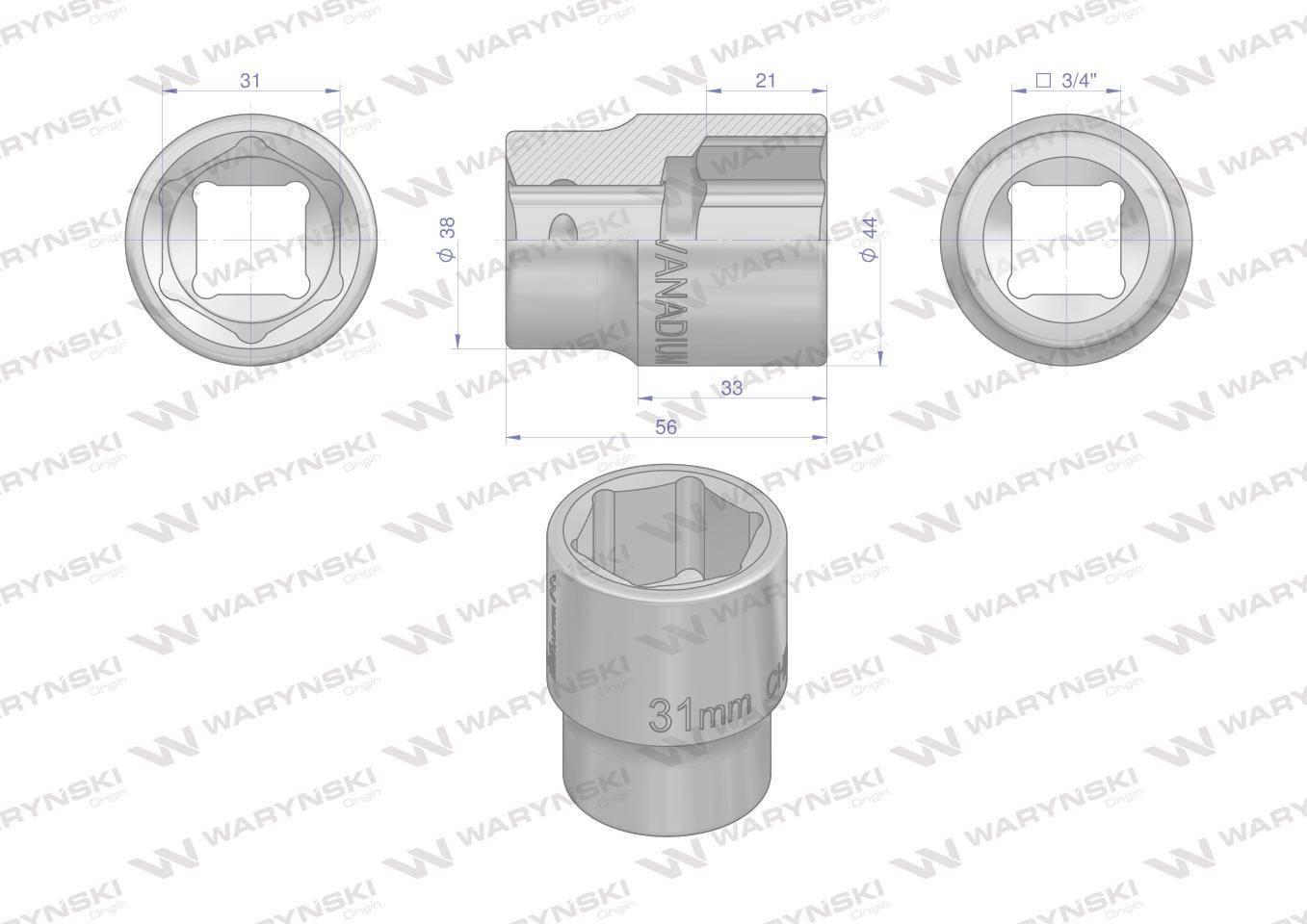 Nasadka sześciokątna 3/4". 31 mm. CrV50BV30. DIN 3124. Waryński WMN255 - zdjęcie 2
