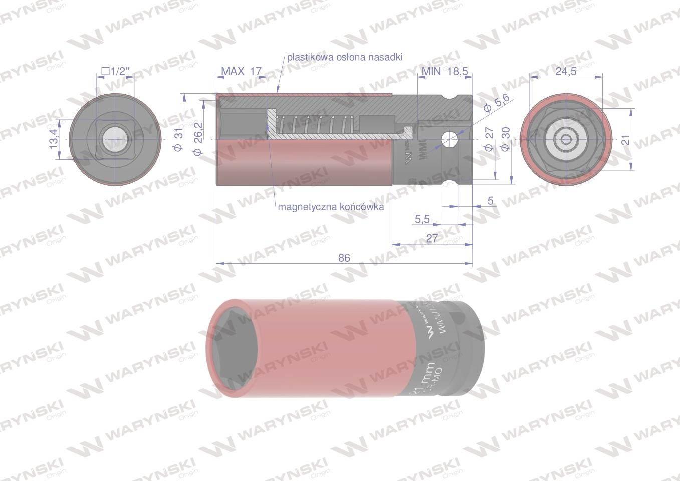 Nasadka udarowa 1/2 z magnesem do felg aluminiowych. 21mm. Waryński WMU126 - zdjęcie 3