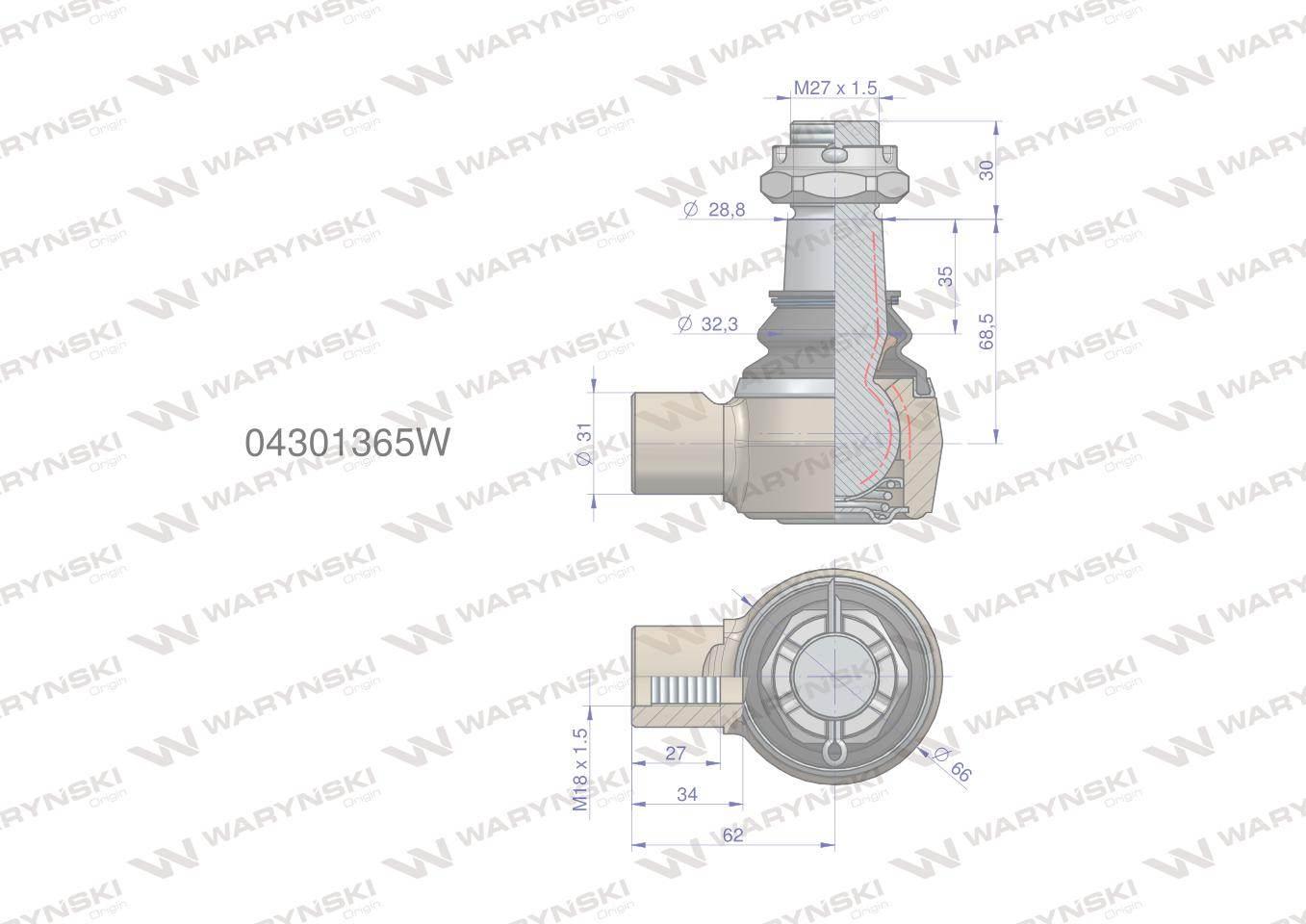 Przegub kierowniczy 62mm- M18x1,5 04301365 WARYŃSKI 04301365W - zdjęcie 3