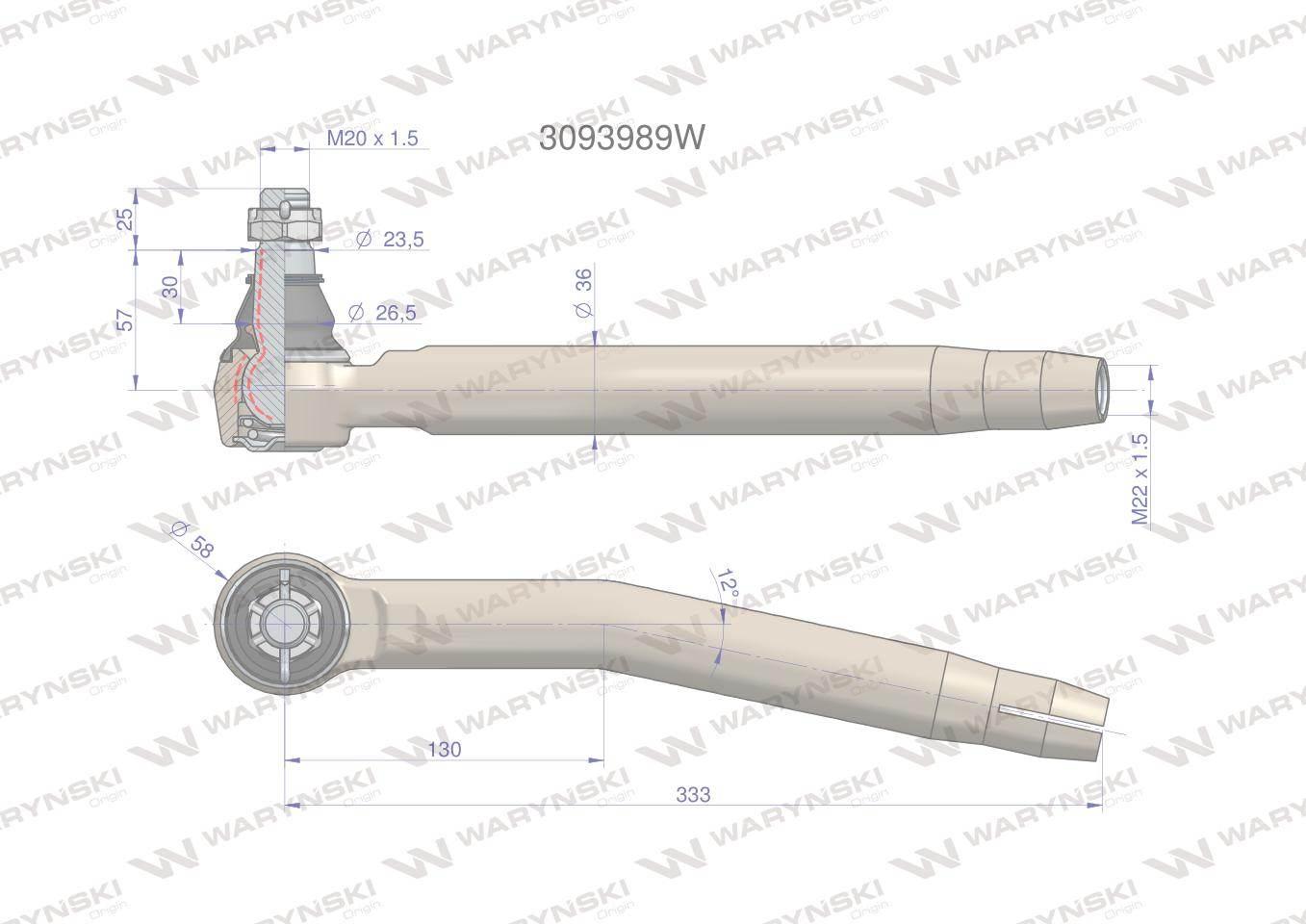 Przegub kierowniczy lewy M22x1.5 F168303100030 WARYŃSKI 3093989W - zdjęcie 3