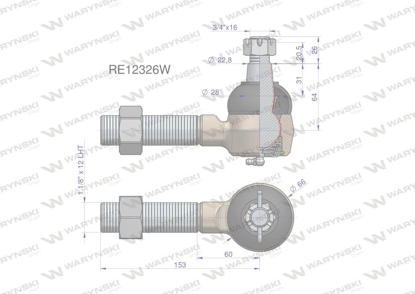 Przegub kierowniczy 153mm - 1 1/8"L RE12326 WARYŃSKI RE12326W - zdjęcie 2
